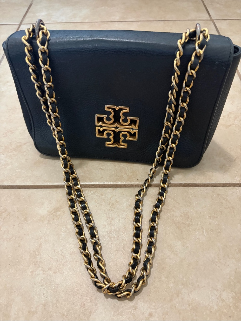 Tory Burch Black Leather Crossbody with Gold Chain and Logo